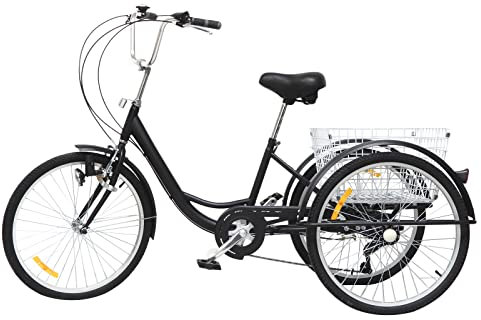 Zalydala 24 Zoll Dreirädriges Fahrrad, Regale mit Lichtern, Hochwertiger Stahl und Carbon, Sechs Gänge und Verstellbare Höhe, Geeignet für Altere Menschen Einkaufen, Reiten in der Stadt (Schwarz)