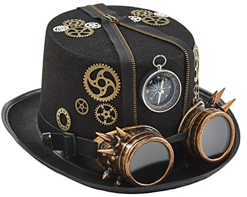 MONOJLY Steampunk Cappello A Cilindro Con Occhiali Steampunk Cappello Steampunk Viaggiatore del Tempo Cappello Steampunk Accessori Steampunk Bombetta