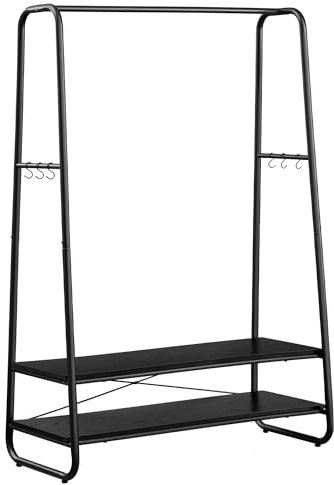 VASAGLE Kleiderständer, Garderobenständer, Garderobe, 2 Ablagen, 6 Haken in S-Form, Stahlgestell, 45 x 100 x 160 cm, für Schlafzimmer, Flur, Eingangsbereich, ebenholzschwarz-mattschwarz RGR112B03