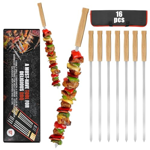 SHIKORI Kabob Skewers,BBQ Barbecue Skewers,Stainless Steel Sticks,17 Inch Heavy Duty Large Wide Reusable,with Nonslip Wooden-16 Pcs
