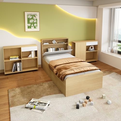 Moimhear Komplettschlafzimmer Set, Jugendzimmerkombination, Einzelbett + Schränke, Jugendbett, Paneelbett mit 4 Schubladen, 2 Schränke mit Rollen am Boden, 90x200cm