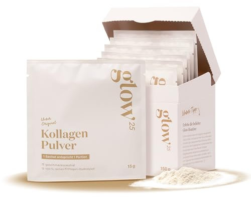 Glow25® Collagen Sachets [10 Stück] - Unser Original - Kollagen Hydrolysat - Peptide Typ 1 und 3 - Gute Löslichkeit - Neutral