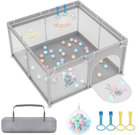Aufun Laufstall Baby Laufgitter 300D Oxford Gewebe, mit Anti-Kollision Schaum Absperrgitter, Atmungsaktivem Netz, Reißverschluss (Grau, 127x127x68cm)