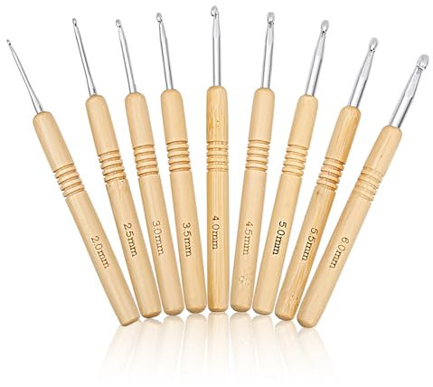 9 Stück Häkelnadel-Set Holz Häkelnadeln, Häkelnadel für Arthritische Hände, Ergonomischer Holzgriff zum Häkeln Häkelset für Anfänger (2,0-6,0 mm)