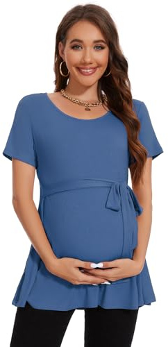 Smallshow Abbigliamento Premaman Tie Front Magliette e Top maternità Donna,Grey Blue,M
