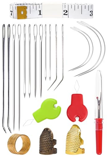 23Pcs Upholstery Needle Kit, Heavy Duty Hand Sewing Needles Kit, 8 Styles of Leather Canvas Sewing Needles with Needle Threaders, Seam Rippers, Thimble, Soft Ruler (Leather Needle)