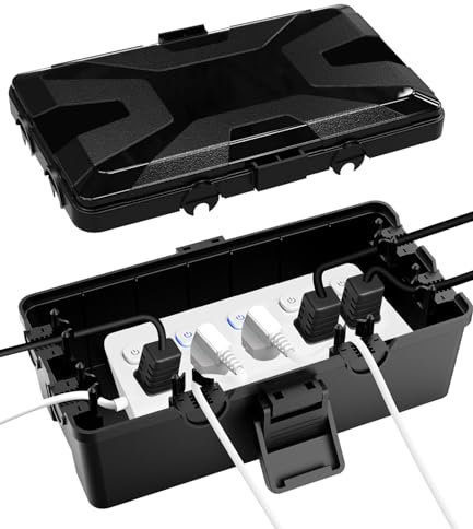 Kabelbox Wasserdicht,26.1x15x9.4 cm,Outdoor Kabel Safe Box,kabelbox,6 Kabeleingänge und ausgänge,Wetterfester Anschlusskasten Abdeckungen Schützen Steckdose,Zeitschaltuhr,Holiday Light,Schwarz