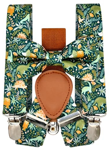 Qenidm Boy Suspenders Bow tie Set, Green Jungle Dinosaur Pattern