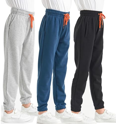 SOIBEEN Mjukisbyxor för pojkar, 3-pack, barn, joggingunderdelar med ficka och dragsko, joggingbyxor för barn, sportbyxor, träningsoverall, yogaleggings storlek 4–14 år