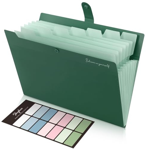 SKYDUE Carpeta de documentos A4, carpeta con 8 compartimentos, carpeta archivadora A4 con etiquetas, portable, sistema de carpetas, carpeta de documentos para casa, oficina, escuela y viajes (verde