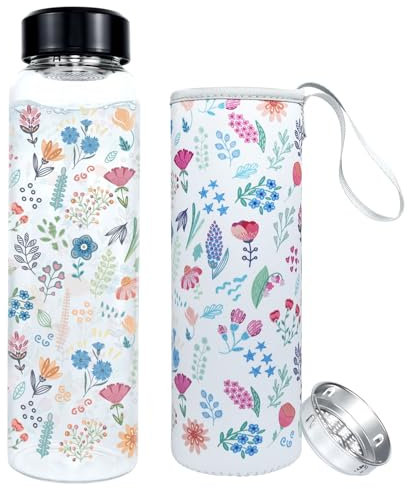 PAPU Bouteille D'Eau Verre,1 000 ml/1 Litre,Goulot Large 5,5 cm,Avec Couvercle Protection Filtre Acier Inoxydable,Sans Bpa Anti-Fuite,Idéale pour Sport Bureau (Violet)