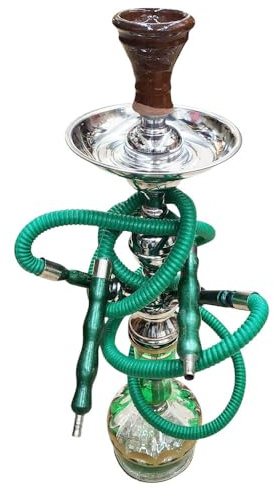 Egyptisk nikotinfri hantverksvattenpipa, 62 cm nära 2 mun, komplett set med rostfri flaggstång, 2 tvättbara slangar, glasflaska och tillbehör (grön)