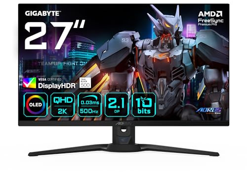 Gigabyte AORUS FO27Q5P 27 OLED QHD Gaming Monitor - 2560 x 1440, 500Hz, 0.03ms, KVM, 300 cd/m², FreeSync Premium Pro, DisplayHDR True Black 500, DisplayPort 2.1