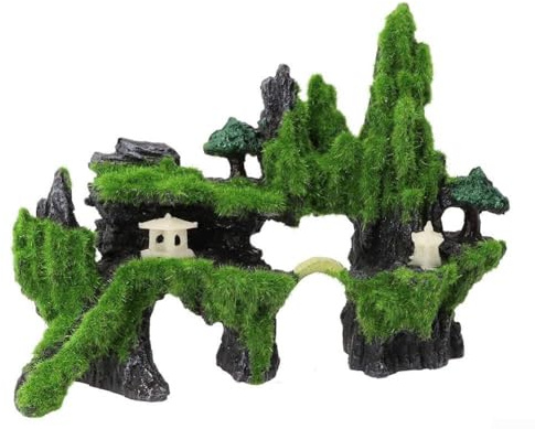 Zilimontt Casa de árbol de musgo para cueva, decoración de acuario para pecera con diseño de resina verde natural, adecuado para acuascape y cría de camarones de peces en el hogar (C)