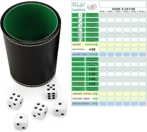 Dwitkul Set Gioco Dadi in Pelle PU con Bicchiere, 5 Dadi e Blocco a Scheda di valutazione(7.5x6x9 cm) - Portatile per Famiglia, Feste, Viaggi e Giochi da Bar.