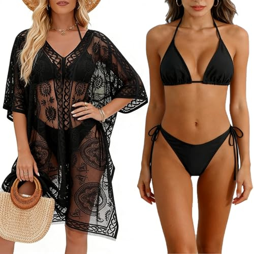 CHMMY Bikini E Copricostume da Donna Mare, Bikini Donna Mare, Costume Donna Due Pezzi, Bikini Sexy con Lacci E Lungo Copricostume in Pizzo per La Spiaggia (IT, Testo, XL, Regular, Regular)