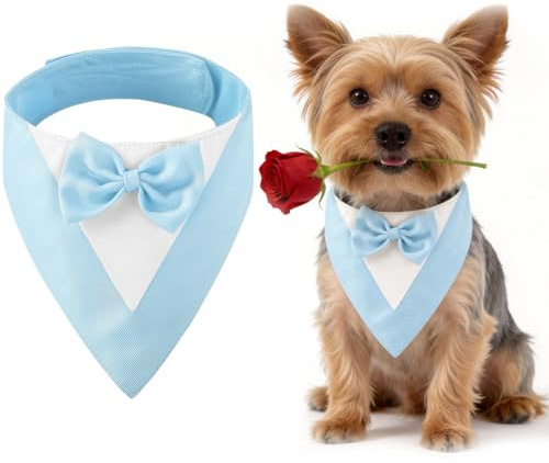 HIVTE Dog Tuxedo Bandana med fluga, Justerbar Formell Husdjurskläder för små hundar (20-30 cm nacke), Mjuk polyesterdräkt för bröllop och födelsedag, Maskintvättbar - Blå