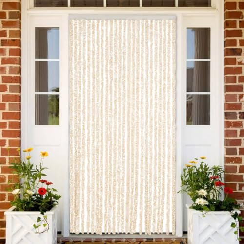 Boltkex Cortina antimoscas, color beige y blanco, 100 x 200 cm, chenilla para puerta, insonorizada y mosquitera, protección contra mosquitos, con gancho para fijación
