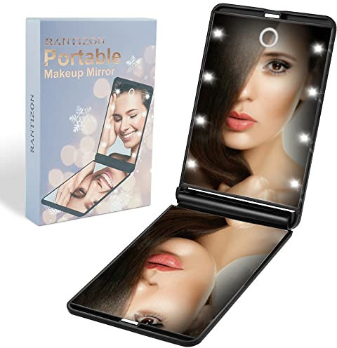 Victoper Rantizon Portable Makeup Mirror Dimmable 8 LEDs Lighted Mirror 1X & 2X Magnification Cosmetic Illuminated Handbag Mirror Foldable Double Facettes Pocket Mirror Compact Mirror…