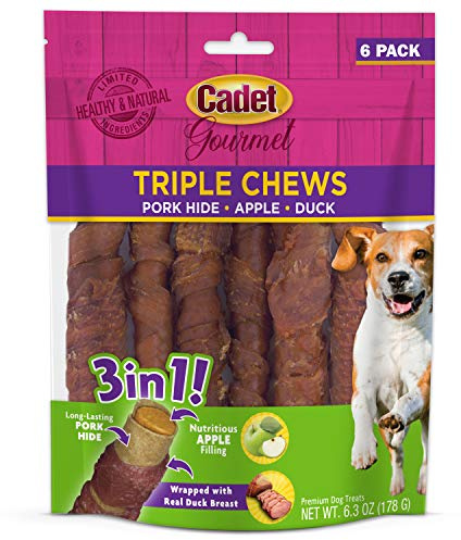 Cadet Gourmet Triple Chews Long-Lasting Pork Hide Sticks with Apple and Duck, Healthy Dog Treats for Small & Large Dogs, 6 Count