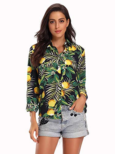 Aeslech Chemise hawaïenne légère boutonnée pour femme, Bleu citron, S