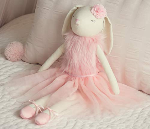 Inspired by Jewel - Lilly the Bunny | Beautiful Cream Cotton Linen Plush Doll with Floppy Ears, Arms & Legs | Authentic Pink Ballerina Tutu, Slippers & Cuddly Fur Top | Soothing Hand Stitched Face