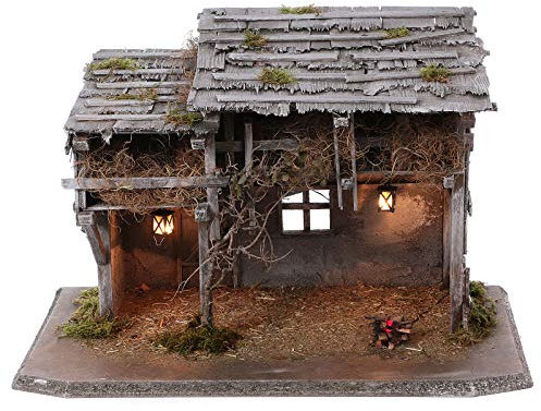 Holyart Stalla Modello Luhe in Legno luci e Fuoco per presepe 14-15 cm