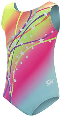 GK Stars Gymnastics & Dance Leotard for Girls and Toddlers - Activewear One Piece Outfit in Fun Colorful Prints (Child Medium, Rainbow Starburst)