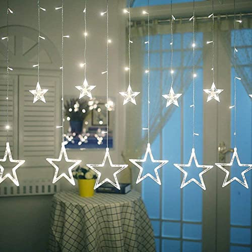 iShabao Christmas Star Curtain Lights, 138 LED Curtain Fairy Lights with 12 Stars, 8 Modes Christmas Decorations Window Lights for Xmas Tree, Party, Wedding, Garden, Bedroom (White)