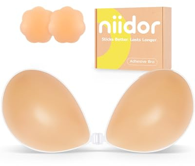Niidor Strapless Bra Adhesive Backless Sticky Bra with Push Up Invisible Silicone Nude Bra for Low Cut Dresses Comfortable & Secure