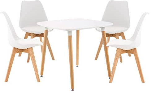 CLP Gruppo di Sedute Liborg I 4X Sedia Linares 1X Tavolo Viborg I Gruppo da Pranzo Moderno, Colore:Bianco