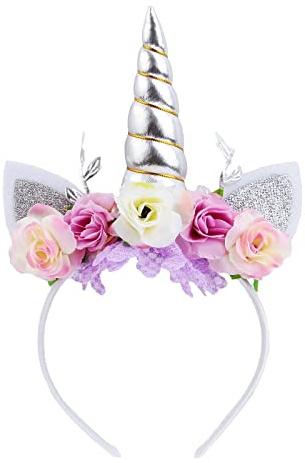 Nishine Diadème avec oreilles de poney à paillettes et corne de licorne pour fille, fête, anniversaire, costumade (argenté et ivoire), enfants