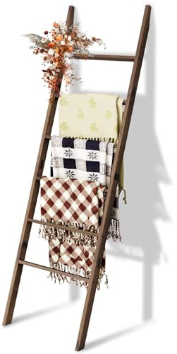 Acacia Wood 6-Tier Blanket Ladder, 5.7FT(66.5'') Blanket Quilt Towel Holder Rack Decorative Ladder Wooden, Easy Assembly, Rustic Farmhouse Ladder Shelf for the Living Room Bedroom Bathroom Home Decor