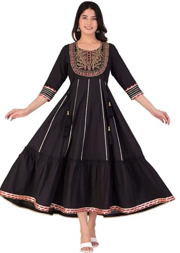 JG JAI GOVINDAM Cotton Anarkali Indian Kurti for Women Pakistani Wedding/Party Wear Designer Style Anarkali Suit for Women (US, Alpha, X-Large, Regular, Regular, Black)
