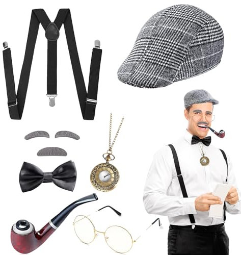 DIKARIYA 20er Jahre Opa Kostüm, Sherlock Holmes Detektiv Kostüm Zubehör mit Hut Elastischer Y-Rücken Hosenträger Fliege Bart Augenbrauen Brille Accessoires für Halloween Kostüm Herren Maskerade Party