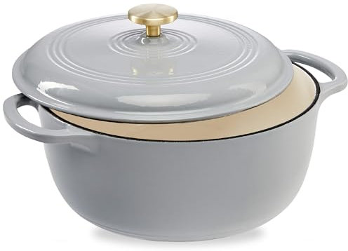 Best Choice Products 7.5 Quart Enamel Cast-Iron Round Dutch Oven, Family Style Heavy-Duty Pre-Seasoned Cookware for Home, Kitchen, Dining Room, Oven Safe w/Lid, Dual Handles - Light Gray
