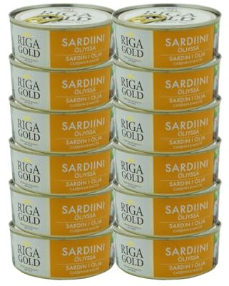 Riga Gold Sardinen in Öl, 12er Pack in Metalldose x 240g, gefangen im Ostatlantik-FAO 34, Fertiggerichte in Fischkonserven (12 x 240g/168g)