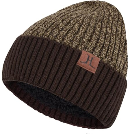 ZASFOU Gorro de punto de invierno para hombre y mujer con forro polar, cálido y suave, gorro de calavera unisex con puño enrollado en climas fríos, marrón, Talla única