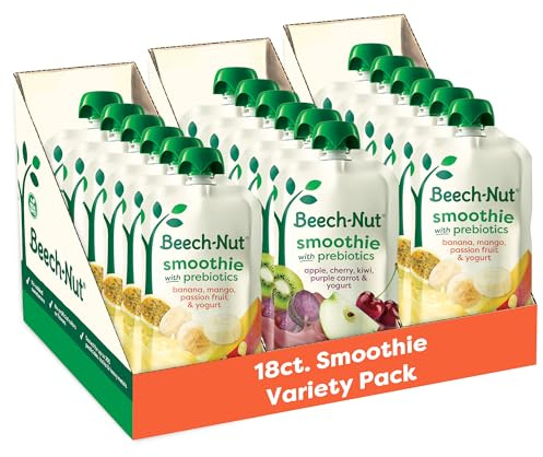 Beech-Nut Toddler Smoothies Variety Pack, Yogurt Smoothies with Prebiotics, Baby & Toddler Food Pouches, 3.5 oz (18 Pack)