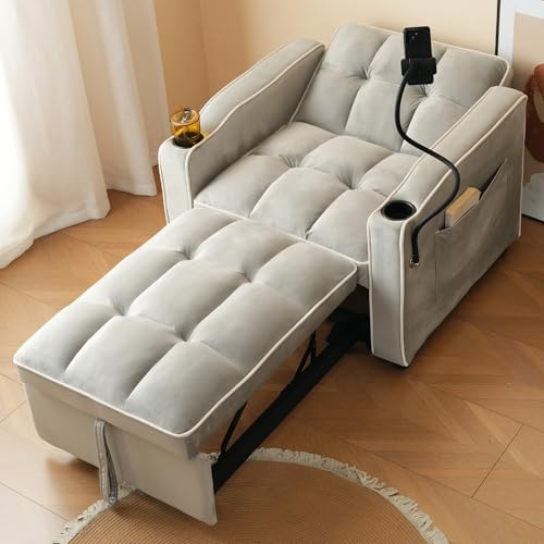 Wiuzo Divano letto singolo allungabile 3 in 1, con portabevande e supporto per cellulare, poltrona reclinabile, sedia da riposo, poltrona, 83 x 167 x 76 cm (Grigio Anticato Bianco)