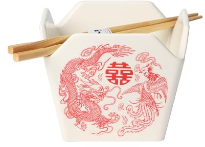 Urban Tokyo Chinese Takeout Box Style Porcelain Bowl With Chopsticks 18 fl oz Square Box Shape Rice Noodles Pasta To Go Box Shaped Bowl Microwave Dishwasher Safe (Phoenix & Dragon)