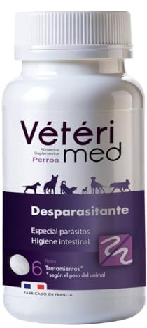 Comprimés vermifuges naturels Vétérimed pour l'hygiène intestinale des Chiens - Agit sur Tous Types de vers - Fabriqué en France - 15 comprimés - Version espagnole