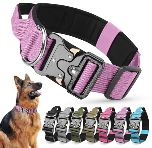 Ledeak taktiskt hundhalsband, vadderat justerbart polypropylenmjukt hundhalsband, tungt andningsbart starkt träningshundhalsband med handtag och tungt metallspänne (lila, L)