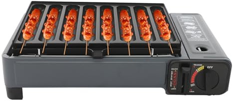 MEELRYD Bärbar gasgrill, camping gasgrillset med korv, grillplatta, fettbehållare och transportväska, 2,2 KW campingspis, resväska gasgrill för campingutflykter, möten, husbilar