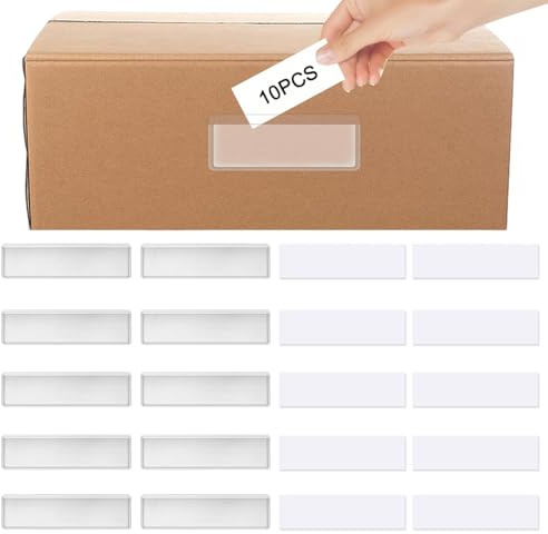 10 Pezzi Etichette adesive per mensole, Etichette in plastica trasparente per contenitori con inserti per etichette di nome, tasche adesive rimovibili per scaffali, raccoglitori per cassette postali