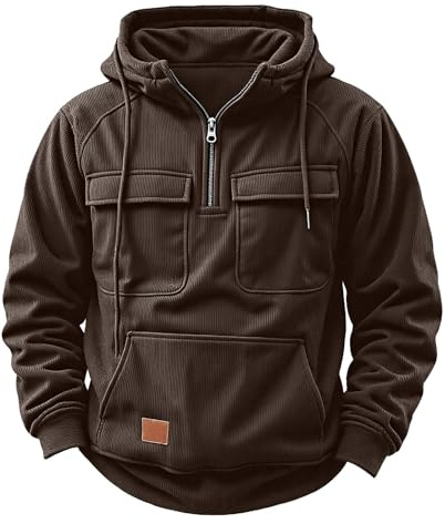 Générique Sweat À Capuche Demi-Zip pour Homme - Velours Côtelé Manteau Homme Elastique Sweat Zippé Capuche Confortable Sweet Capuche Large Thermique Veste Décontractée Stretch