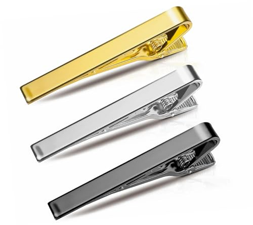 3 Pcs Tie Clip, Tie Clips for Men, Skinny Tie Bar Set, Long Styles Set Square Edges Tie, Long and Short Two Styles Necktie Tack Pins for Wedding, Business, Party, Meeting(Gold, Silver, Black)