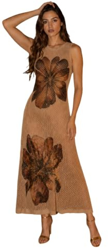 Beauty Women Abito Donna in Maglia Traforata Floreale Lungo Senza Maniche