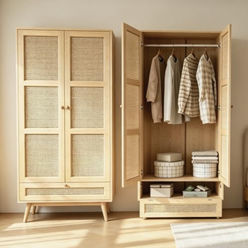luckdect Armoire en Rotin à 3 Portes,Garde-Robe et Tringle à VêTements,Dressing Rangement Placard,Style Bohème,pour Chambre à Coucher,Couloirs,Salon