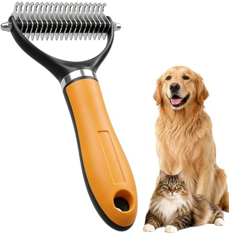 Brosse pour chien - Brosse sous-poil - Brosse démêlante - Brosse démêlante pour poils de chien et chat - Dents double face - Pour chiens et chats à poils moyens à longs (orange)